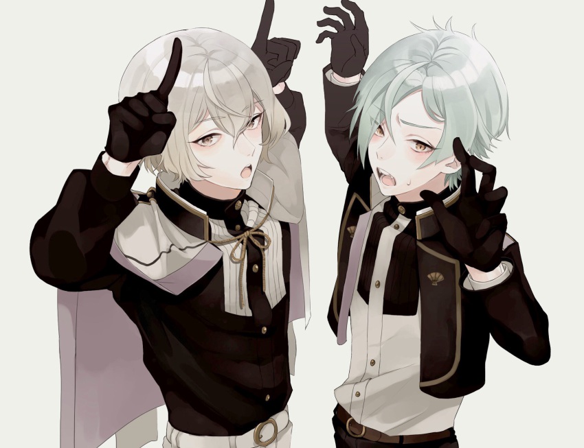 10s, 2boys, black_gloves, blonde_hair, eyes_visible_through_hair, fangs, gloves, green_hair