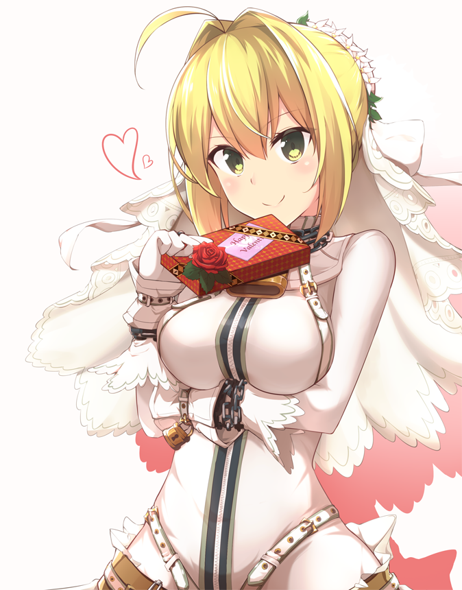 10s, 1girl, ahoge, belt, blonde_hair, breasts, chain, fate/extra, fate/extra_ccc, fate_(series), female_focus, flower, green_eyes, heart, large_breasts, lock, moninora_(moninora83), nero_claudius_(bride)_(fate), nero_claudius_(fate), padlock, solo, valentine, veil