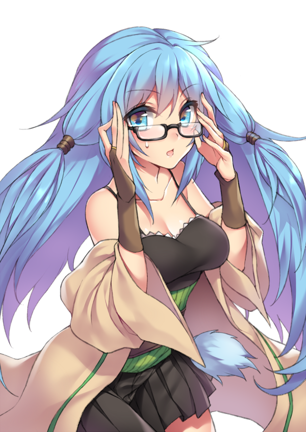 1girl, ariel_(yu-gi-oh!), bare_shoulders, black_dress, blue_eyes, blue_hair, braid, breasts, bridal_gauntlets, cleavage, collarbone, dress, duel_monster, eria_(yu-gi-oh!), eria_the_water_charmer, female_focus, fuya_(tempupupu), gishki_ariel, glasses, jacket, large_breasts, long_hair, looking_at_viewer, matching_hair/eyes, off_shoulder, open_clothes, open_jacket, open_mouth, sash, solo, twin_braids, very_long_hair, wide_sleeves, yu-gi-oh!