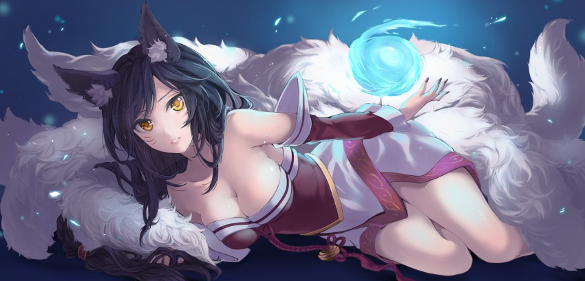 1girl, ahri_(league_of_legends), animal_ears, bad_id, bad_pixiv_id, black_hair, breasts, cleavage