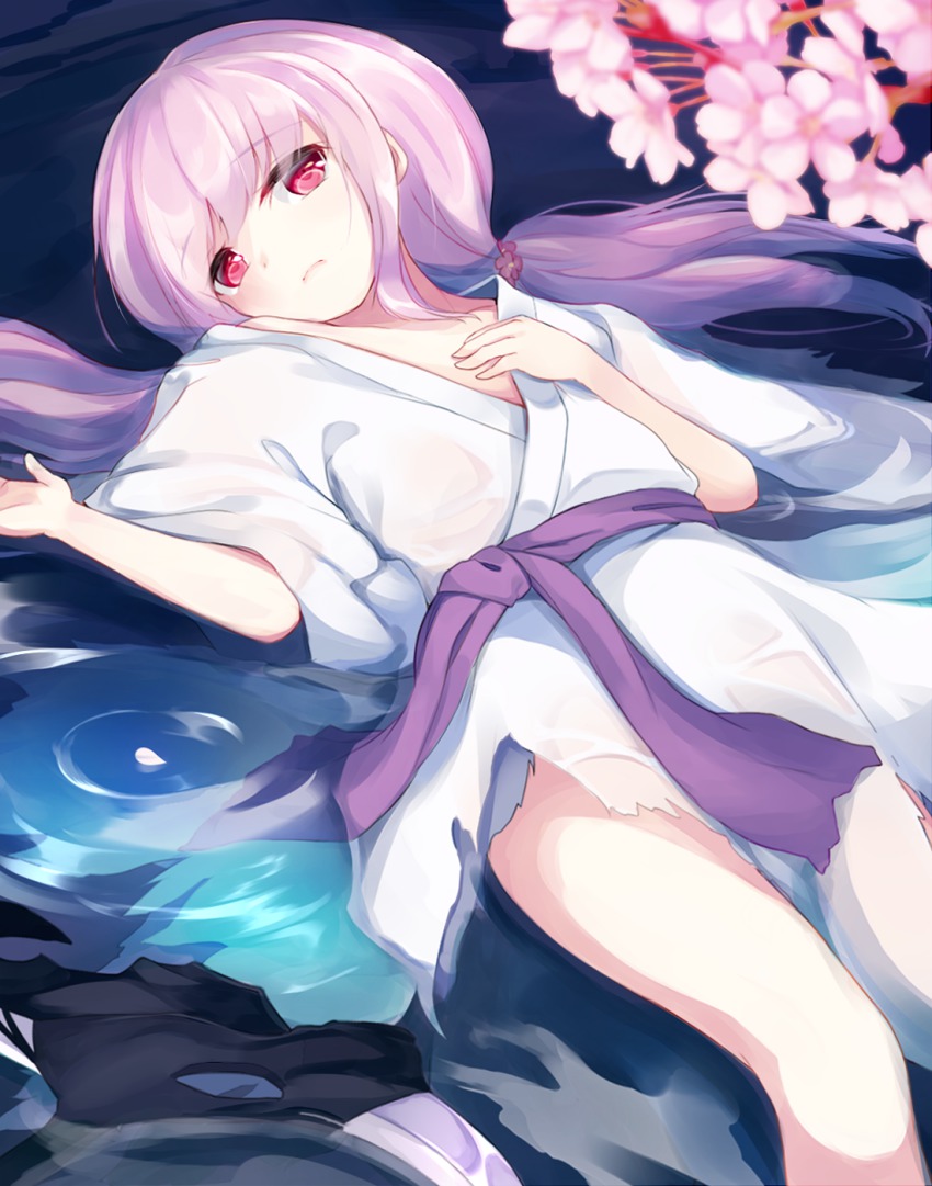 1girl, cherry_blossoms, duel_monster, female_focus, ghost_reaper_&amp;_winter_cherries, hand_on_own_chest, highres, igayan, japanese_clothes, kimono, long_hair, looking_at_viewer, lying, on_back, partially_submerged, pink_eyes, pink_hair, sash, solo, very_long_hair, water, wide_sleeves, yu-gi-oh!, yukata