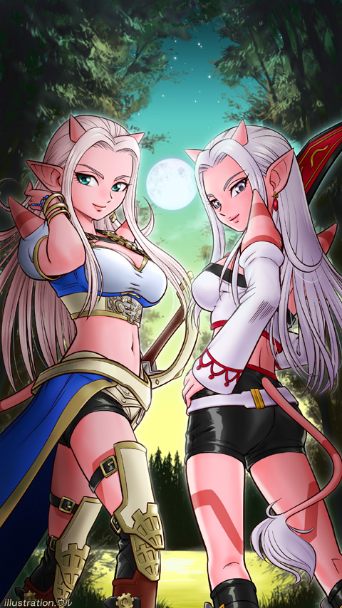 2girls, blue_eyes, boots, bracelet, breasts, cleavage, colored_skin, detached_sleeves, dragon_quest, dragon_quest_x, earrings, hand_on_own_hip, horns, jewelry, large_breasts, long_hair, looking_at_viewer, midriff, multiple_girls, ogre_(dq10), pink_hair, pink_skin, pointy_ears, polearm, purple_eyes, shorts, silver_hair, smile, spear, spikes, standing, sword, tail, tattoo, ur_(wulfa), weapon