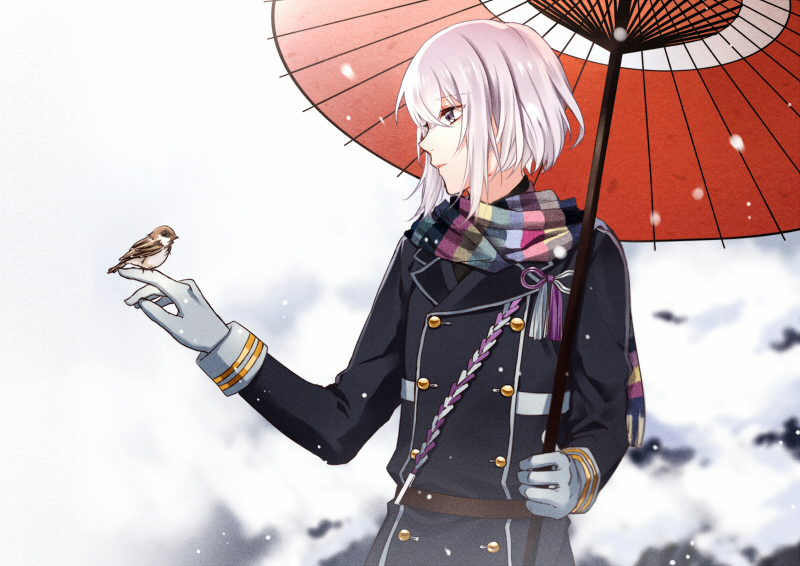 10s, 1boy, bird, bird_on_hand, gloves, honebami_toushirou, male_focus, mibu_(1064493753)