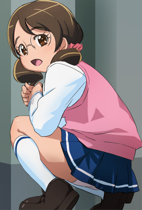 10s, 1girl, :o, blue_skirt, brown_eyes, brown_hair, female_focus, fujikawa_ami, glasses, grey_background, haruyama_kazunori, kneehighs, looking_at_viewer, looking_back, panties, pantyshot, precure, shoes, short_hair, short_twintails, skirt, smile_precure!, socks, solo, squatting, sweater_vest, twintails, underwear, upskirt, white_socks