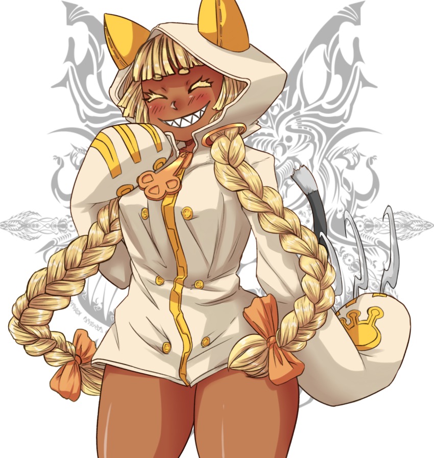 1girl, ^_^, animal_hood, blazblue, blonde_hair, bow, braid, breasts