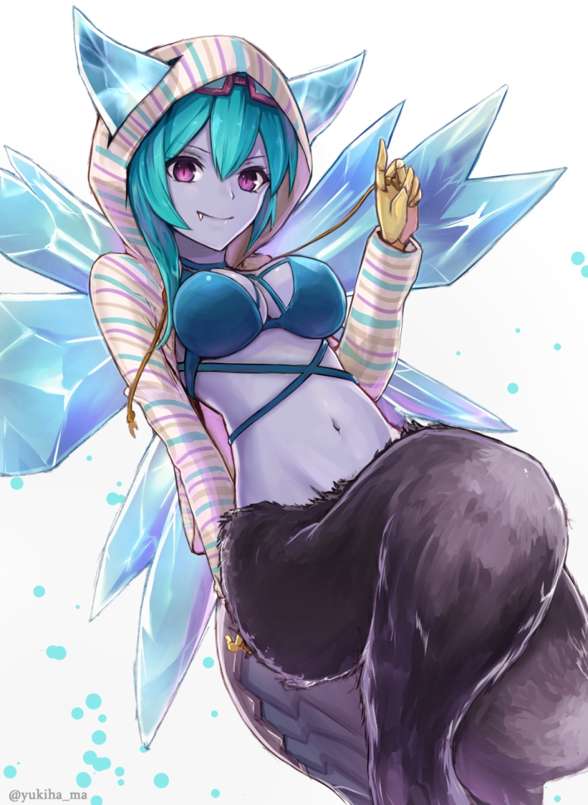 1girl, blue_hair, blue_skin, breasts, cleavage, closed_mouth, colored_skin, fang, female_focus, hellice_frost_demon_(p&amp;d), highres, hood, hoodie, horns, ice, long_sleeves, looking_at_viewer, midriff, monster_girl, navel, purple_eyes, puzzle_&amp;_dragons, smile, solo, white_background, wings, yukihama
