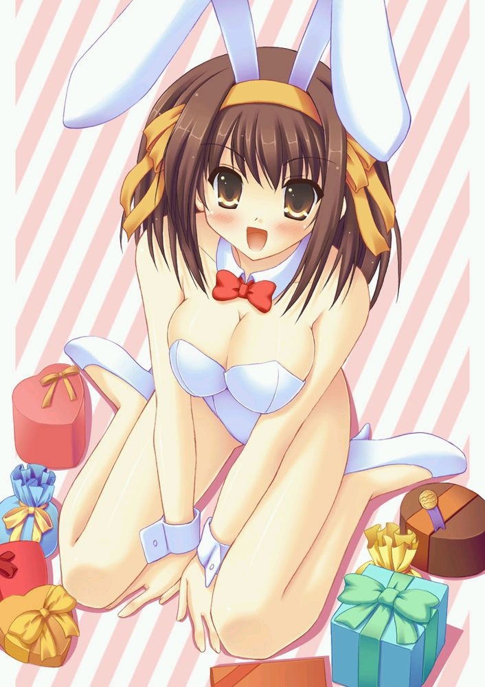 00s, animal_ears, blush, bow, bowtie, breasts, brown_hair, cleavage