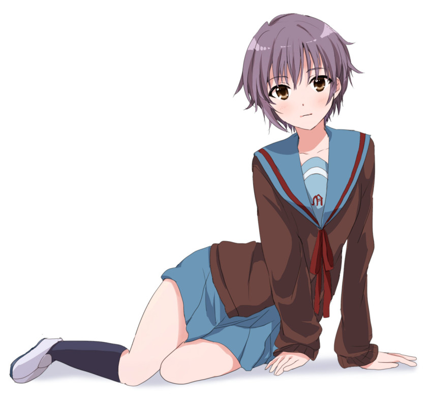 1girl, bad_id, bad_pixiv_id, brown_eyes, cardigan, domaro_yui, female_focus, full_body, grey_hair, lying, nagato_yuki, on_side, school_uniform, serafuku, short_hair, simple_background, solo, suzumiya_haruhi_no_yuuutsu