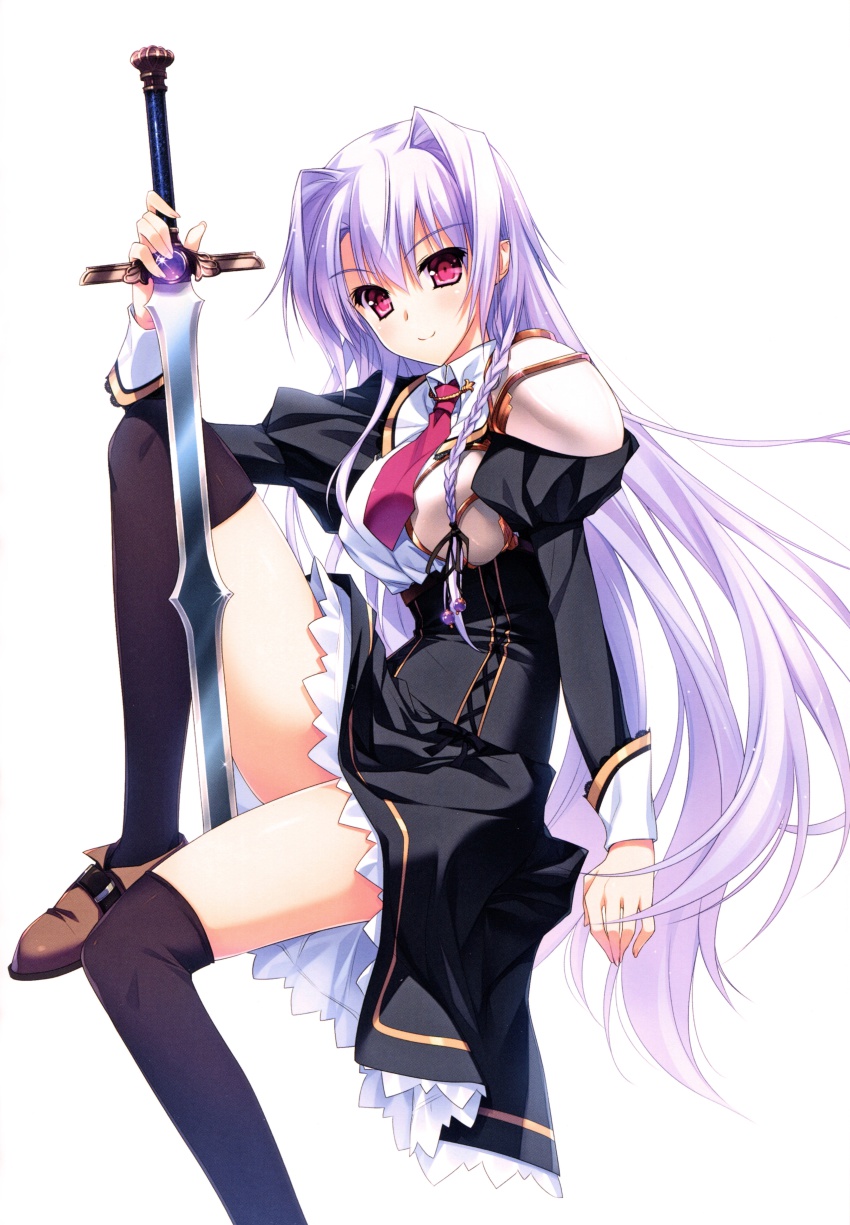 1girl, absurdres, black_thighhighs, braid, estelle_norn_stern, female_focus, hair_intakes, hand_on_hilt