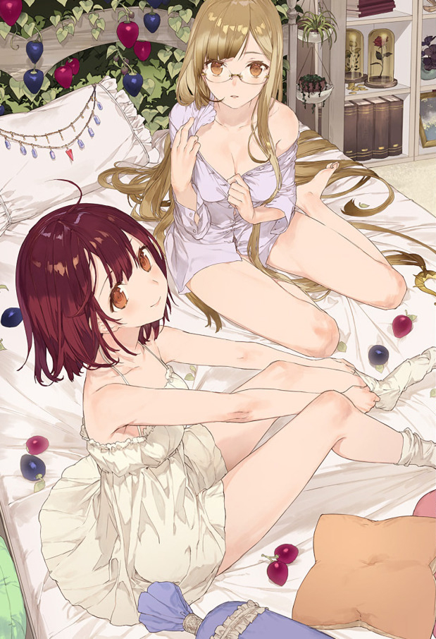 2girls, ahoge, atelier_(series), atelier_sophie, barefoot, bed, berry, blouse, breasts, cleavage, feet, female_focus, food, fruit, glasses, large_breasts, light_brown_hair, long_hair, looking_at_viewer, monika_ellmenreich, multiple_girls, no_shoes, noco_(adamas), off_shoulder, official_art, on_bed, orange_eyes, pillow, red_hair, shirt, short_hair, sitting, smile, socks, sophie_neuenmuller, spaghetti_strap, very_long_hair, yokozuwari