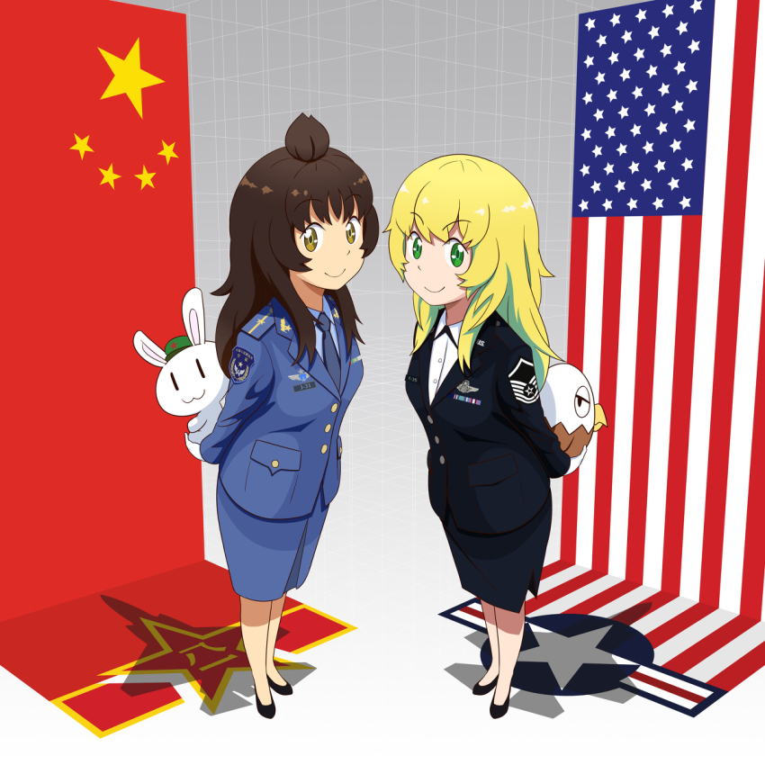 2girls, american_flag, bird, blonde_hair, brown_hair, china, eagle, f-35
