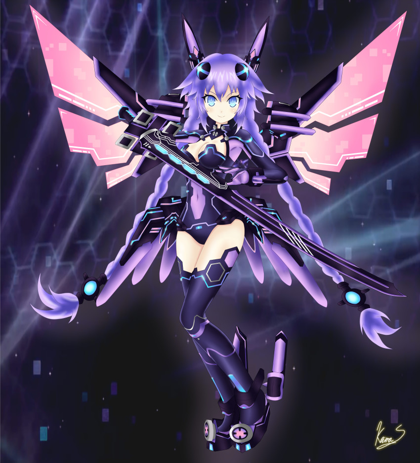 10s, 1girl, absurdres, blue_eyes, braid, breasts, cleavage, cleavage_cutout, clothing_cutout, detached_wings, female_focus, gloves, hair_ornament, highres, keima_scarlet, leotard, long_hair, looking_at_viewer, medium_breasts, neptune_(neptunia), neptune_(series), purple_hair, purple_heart_(lost_purple)_(neptunia), purple_heart_(neptunia), solo, sword, symbol-shaped_pupils, thighhighs, twin_braids, very_long_hair, weapon, wings