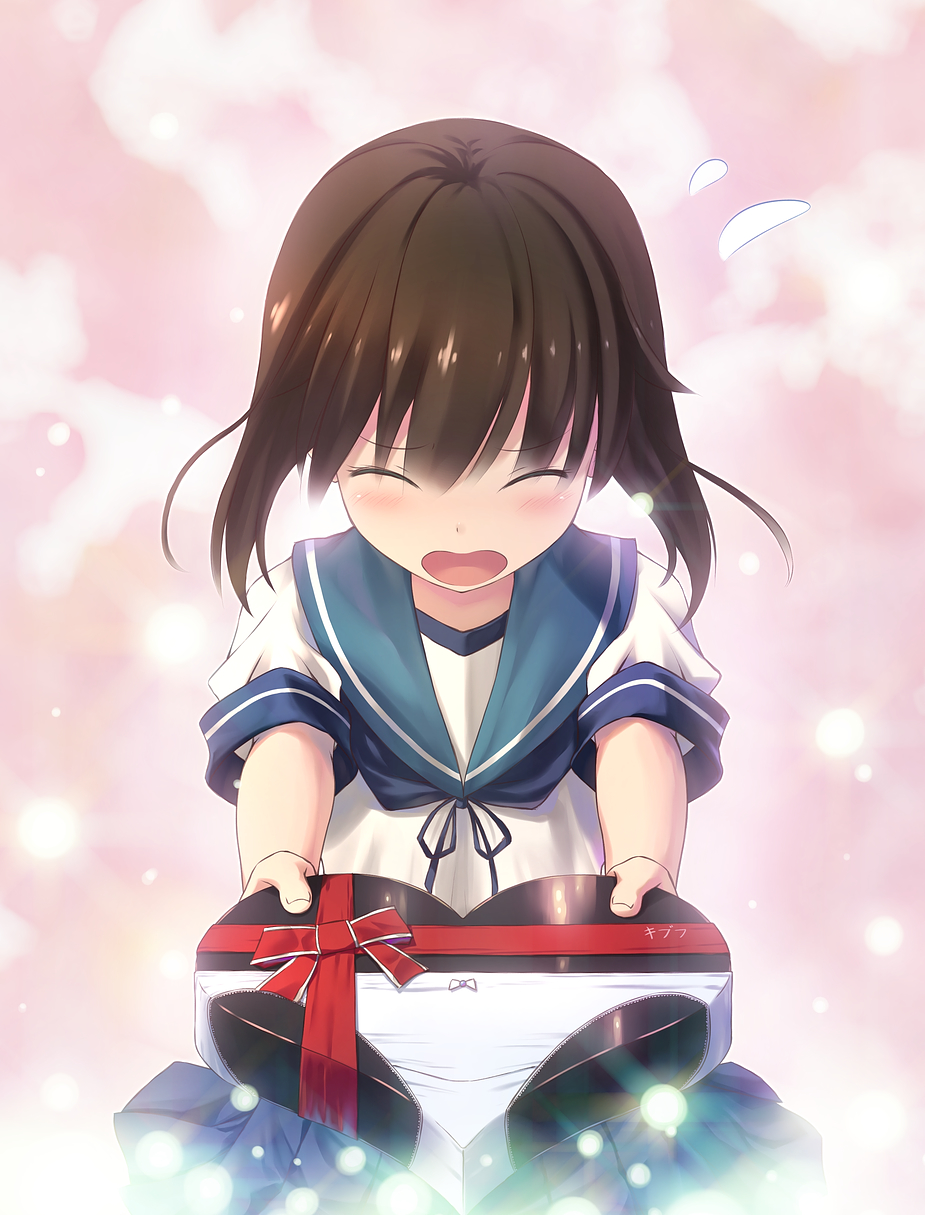 10s, 1girl, blush, female_focus, fubuki_(kancolle), gift, highres, incoming_gift
