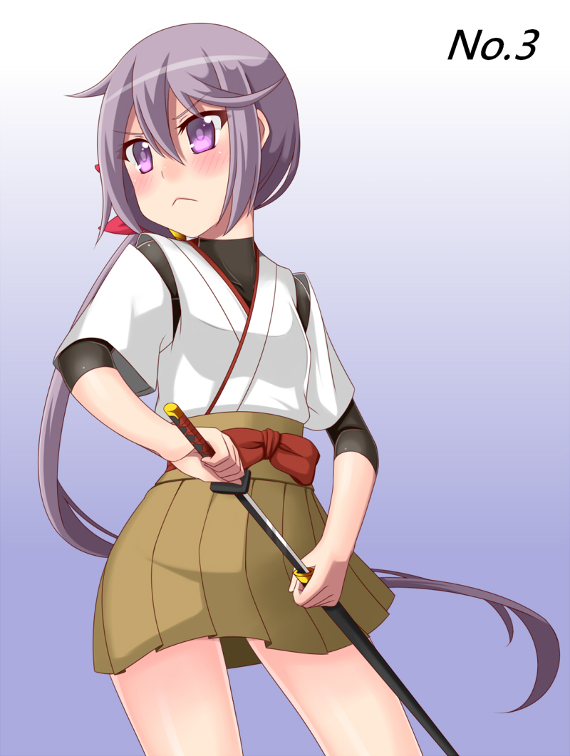 1girl, akebono_(kancolle), alternate_hairstyle, blush, cosplay, cowboy_shot, female_focus, gradient_background