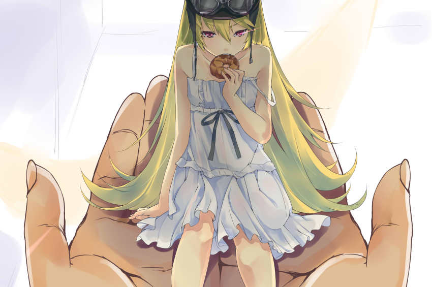 1girl, absurdres, bakemonogatari, blonde_hair, donut, dress, food, goggles