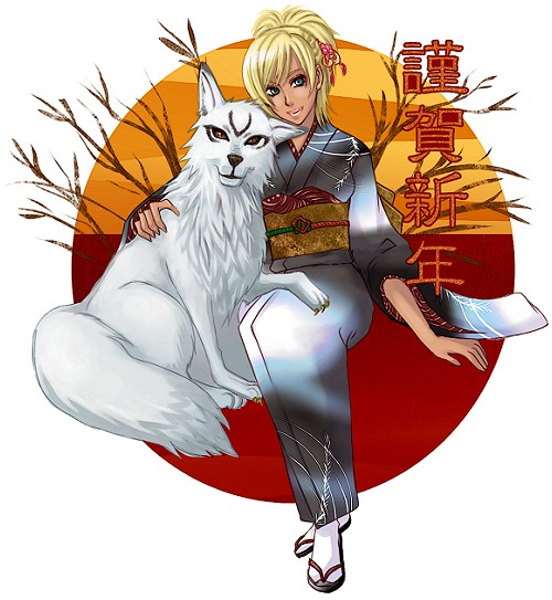 1girl, blonde_hair, blue_eyes, dark-skinned_female, dark_skin, japanese_clothes, kurando_(shadow_hearts), shadow_hearts