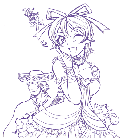 1girl, 2boys, :p, ;d, ^_^, bottle, breasts, cat, choker, cleavage, closed_eyes, detached_sleeves, dress, facial_hair, fang, forehead_protector, frank_goldfinger, frills, goatee, gothic_lolita, guitar, hair_ribbon, hat, heart, hildegard_valentine, holding, index_finger_raised, instrument, large_breasts, layered_dress, lineart, lolita_fashion, looking_at_viewer, lowres, mao_(shadow_hearts), monochrome, multiple_boys, necktie, one_eye_closed, open_mouth, profile, purple_theme, ribbon, ricardo_gomez, running, shadow_hearts, shadow_hearts_from_the_new_world, short_hair, sideburns, smile, sword, tongue, tongue_out, weapon, wrist_ribbon