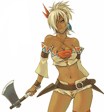 1girl, axe, bandeau, belt, blonde_hair, blue_eyes, dark-skinned_female, dark_skin, detached_sleeves, female_focus, hatchet, hatchet_(axe), lowres, midriff, shadow_hearts, shadow_hearts_from_the_new_world, shania, short_shorts, shorts, solo, strapless, tube_top, warrior, weapon