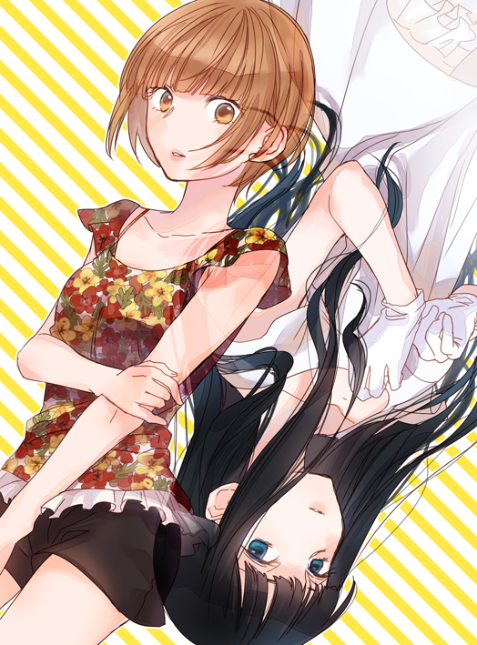 2girls, amattle, black_hair, blue_eyes, brown_eyes, brown_hair, dress, gloves