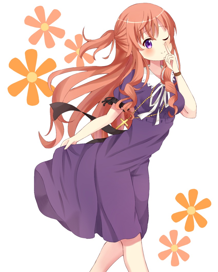 1girl, company_connection, cosplay, dress, gakkou_gurashi!, gochuumon_wa_usagi_desu_ka?, highres, hoto_mocha, kayano_ai, long_hair, manga_time_kirara, orange_hair, purple_eyes, sakura_megumi, sakura_megumi_(cosplay), voice_actor_connection, sora_(otohasora)