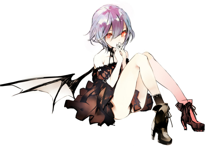 1girl, alternate_costume, bare_legs, bare_shoulders, bat_wings, black_panties, black_socks, boots