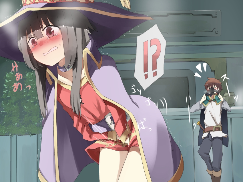 !?, 10s, 1boy, 1girl, bad_id, bad_pixiv_id, belt, black_hair, black_panties, blush, clenched_teeth, cloak, clothes_theft, collar, covering_crotch, covering_privates, embarrassed, hat, highres, holding, holding_unworn_clothes, holding_panties, holding_underwear, kono_subarashii_sekai_ni_shukufuku_wo!, kurutsuki, leaning_forward, long_hair, megumin, no_panties, panties, red_eyes, satou_kazuma, smelling, smelling_clothes, smelling_underwear, sweatdrop, teeth, theft, trembling, tunic, underwear, underwear_theft, unworn_panties, witch_hat