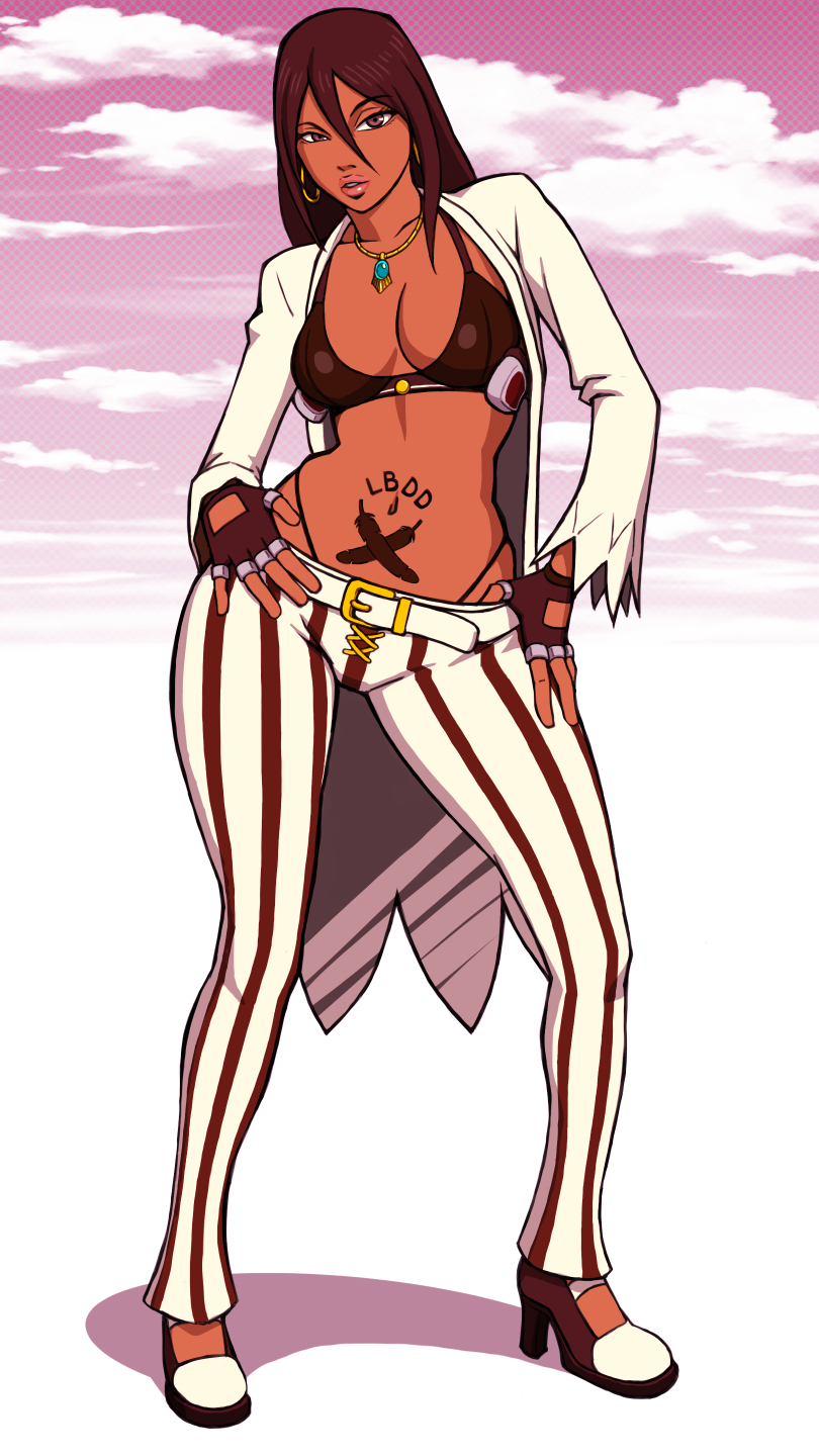 1girl, belt, bikini, bikini_top_only, breasts, brown_eyes, brown_hair, cleavage