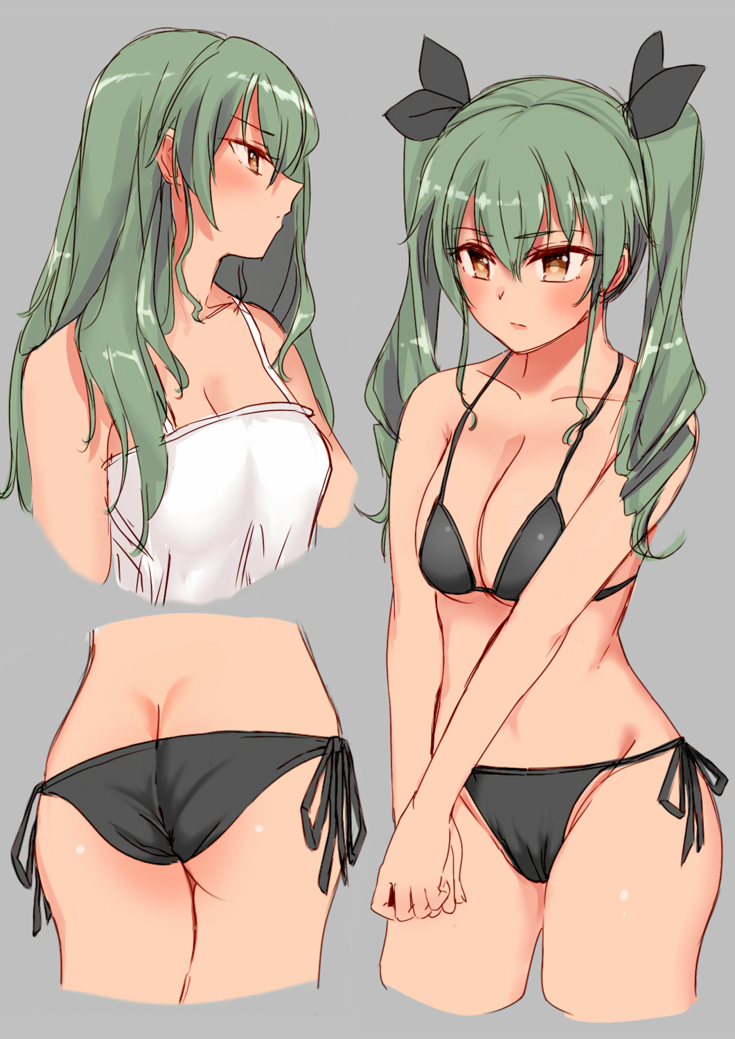 10s, 1girl, alternate_hairstyle, anchovy_(girls_und_panzer), ass, bad_id, bad_pixiv_id, bikini, black_bikini, black_ribbon, breasts, brown_eyes, butt_crack, camisole, cleavage, commentary, cowboy_shot, cropped_legs, drill_hair, from_side, girls_und_panzer, green_hair, grey_background, hair_down, hair_ribbon, highres, kento1102, long_hair, multiple_views, navel, own_hands_together, ribbon, side-tie_bikini_bottom, sketch, standing, swimsuit, twin_drills, twintails, upper_body