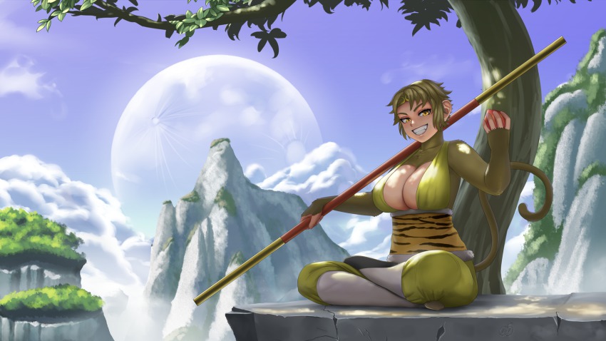 1girl, breasts, brown_eyes, brown_hair, cleavage, cloud, crossed_legs, day, female_focus, genderswap, genderswap_(mtf), grin, half_lotus_position, highres, huge_breasts, journey_to_the_west, looking_at_viewer, lvl_(sentrythe2310), monkey_girl, monkey_tail, moon, mountain, original, outdoors, polearm, short_hair, smile, solo, sun_wukong, tail, tree, under_tree, weapon