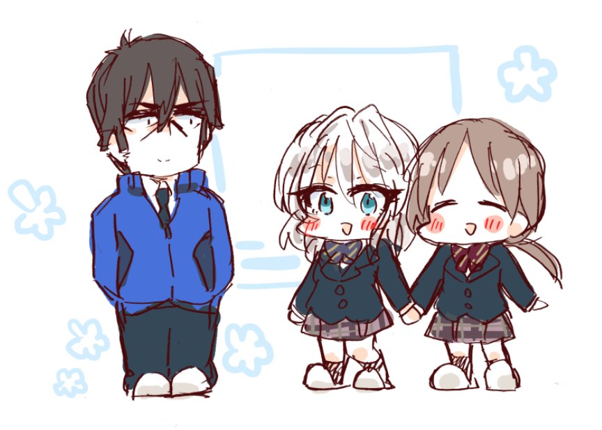 1boy, 2girls, anastasia_(idolmaster), bad_id, bad_twitter_id, blazer, blue_eyes, blush