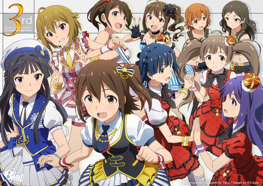 10s, 6+girls, ahoge, anniversary, black_hair, blue_eyes, blue_hair, brown_eyes