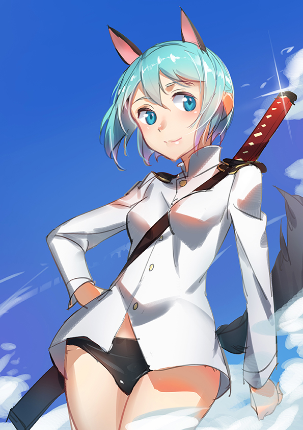 1girl, animal_ears, between_breasts, blue_eyes, blue_hair, breasts, cloud, cosplay