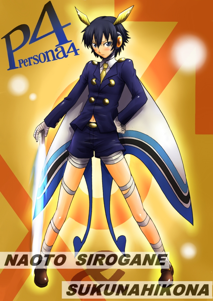 1girl, androgynous, atlus, bandages, blazer, blue_eyes, blue_hair, blush, cosplay, necktie, persona, persona_4, reverse_trap, segami_daisuke, shirogane_naoto, short_hair, shorts, sukuna_hikona, sukuna_hikona_(cosplay)