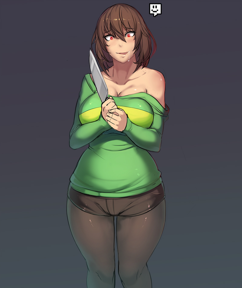 1girl, :p, =), aged_up, breasts, brown_hair, chara_(undertale), cleavage, female_chara_(undertale), female_focus, hair_between_eyes, knife, large_breasts, long_hair, looking_at_viewer, metal_owl_(aden12), off_shoulder, pantyhose, pantyhose_under_shorts, red_eyes, saliva, short_shorts, shorts, simple_background, smile, solo, spoilers, sweater, thighs, tongue, tongue_out, undertale, utdr_(toby_fox), wide_hips