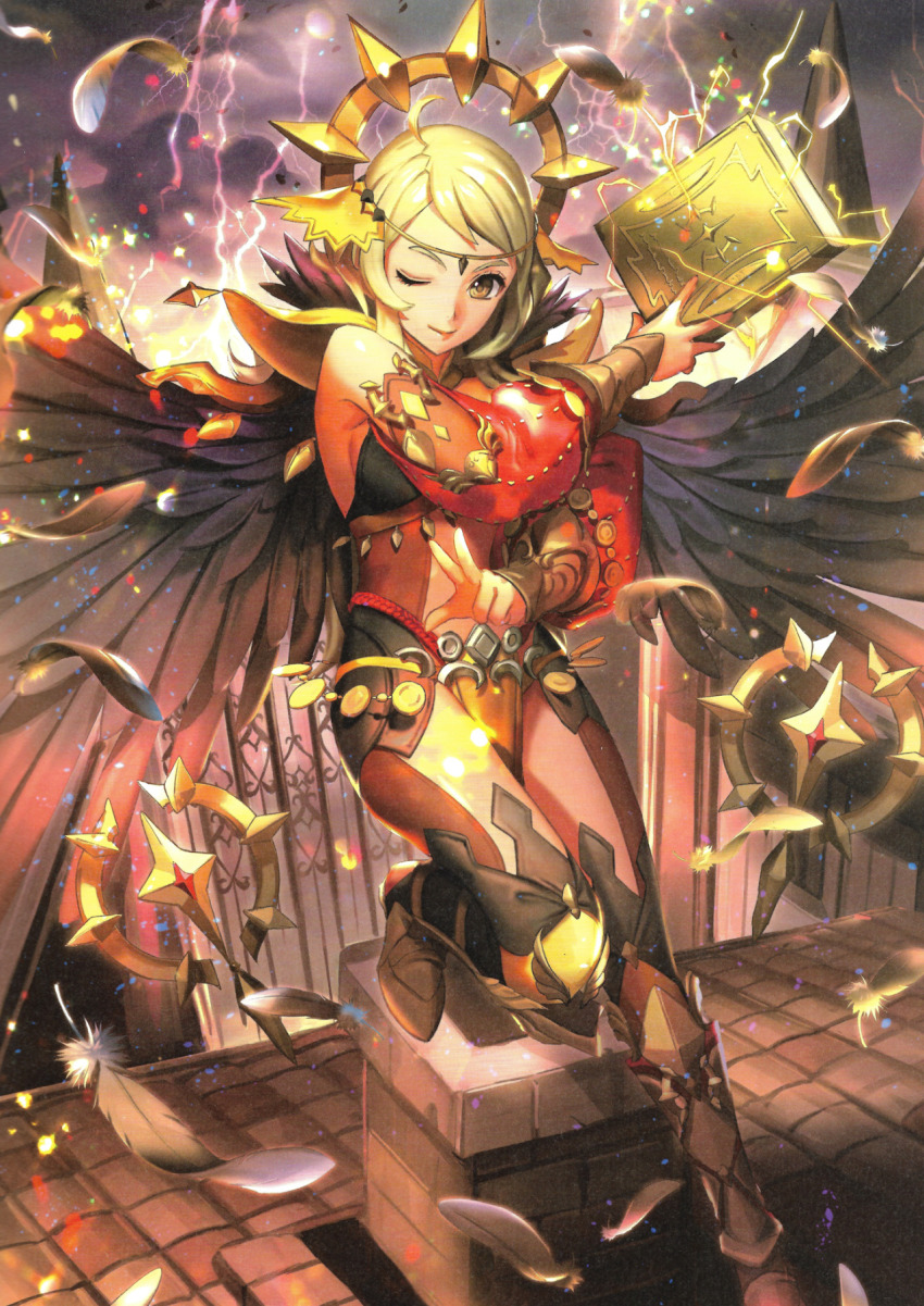 1girl, ahoge, aozi_seizi, blonde_hair, bodysuit, book, boots, breasts, brown_eyes, castle, circlet, detached_sleeves, electricity, feathers, female_focus, fence, fire_emblem, fire_emblem_cipher, fire_emblem_fates, highres, holding, holding_book, lightning, lips, long_hair, moon, nintendo, official_art, one_eye_closed, ophelia_(fire_emblem), sideboob, solo, thighhighs, wings