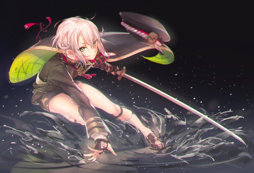 10s, 1boy, androgynous, anklet, black_background, black_gloves, blurry, brown_shoes, emblem, expressionless, fingerless_gloves, full_body, gloves, green_eyes, hair_between_eyes, hat, holding, holding_sword, holding_weapon, hotarumaru, jewelry, katana, kneehighs, leg_up, loafers, long_sword, looking_at_viewer, male_focus, motion_blur, okidokei, ootachi, red_ribbon, ribbon, running, shoes, short_hair, shorts, sidelocks, silver_hair, simple_background, socks, solo, splashing, sword, tassel, thighs, touken_ranbu, uniform, unworn_hat, unworn_headwear, water, water_drop, weapon, white_socks