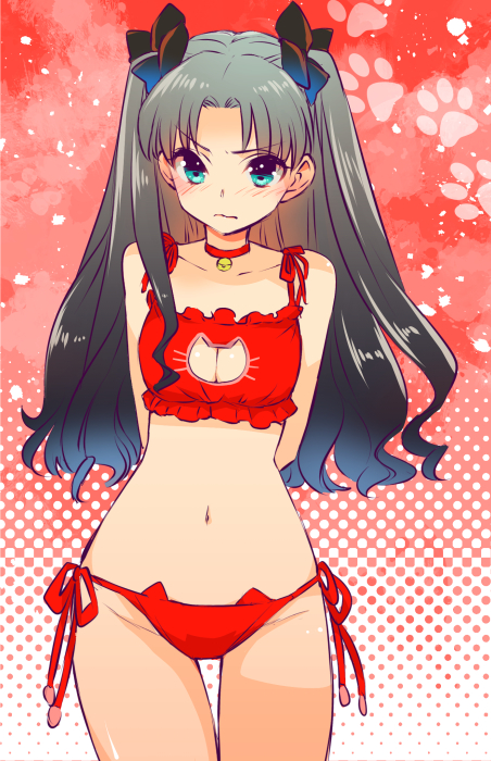 1girl, aqua_eyes, arms_behind_back, bare_shoulders, bell, black_hair, blush, bra