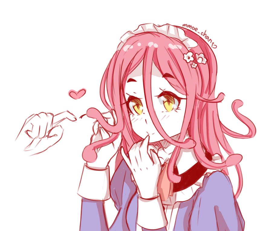 10s, 1girl, aurea, blush, closed_mouth, collar, female_focus, gate_-_jieitai_ka_no_chi_nite_kaku_tatakaeri, hand_to_own_mouth, heart, highres, long_sleeves, looking_to_the_side, maid, maid_headdress, mmoe_chan, red_hair, simple_background, sketch, sleeve_cuffs, smile, snake_hair, solo, solo_focus, tareme, upper_body, white_background, yellow_eyes