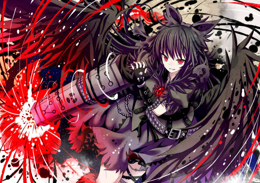 1girl, adapted_costume, alternate_color, alternate_weapon, arm_cannon, belt, bird_wings, black_hair
