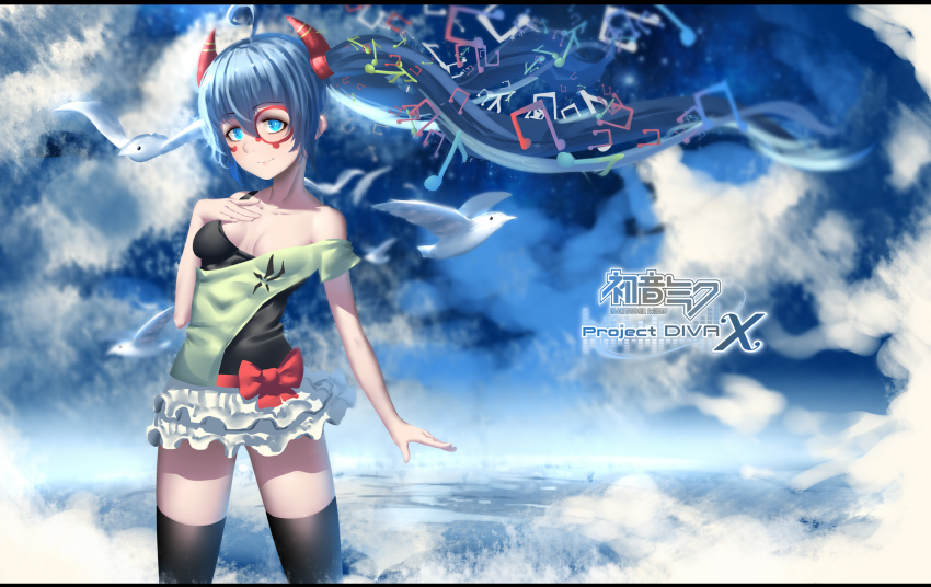 1girl, bad_id, bad_pixiv_id, beamed_quavers, bird, black_thighhighs, blue_eyes, blue_hair, breasts, cloud, cloudy_sky, facial_mark, fake_horns, female_focus, hand_on_own_chest, hatsune_miku, hatsune_miku_(de:monstar), highres, hk_(hk), horns, layered_clothes, long_hair, looking_at_viewer, matching_hair/eyes, musical_note, off_shoulder, oni_horns, project_diva_(series), project_diva_x, quaver, satisfaction_(vocaloid), seagull, shirt, skirt, sky, small_breasts, solo, thighhighs, thighs, twintails, very_long_hair, vocaloid, zettai_ryouiki