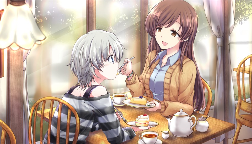 10s, 2girls, anastasia_(idolmaster), blue_eyes, brown_eyes, brown_hair, cake, cup