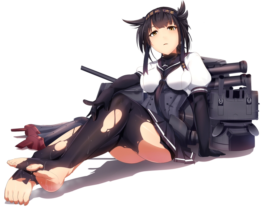 10s, 1girl, black_gloves, black_hair, black_pantyhose, brown_eyes, cannon, chou-10cm-hou-chan, chou-10cm-hou-chan_(hatsuzuki's), corset, elbow_gloves, feet, female_focus, full_body, gloves, hairband, hatsuzuki_(kancolle), highres, kantai_collection, looking_at_viewer, magukappu, miniskirt, neckerchief, no_shoes, pantyhose, puffy_short_sleeves, puffy_sleeves, rigging, school_uniform, serafuku, shirt, short_sleeves, sitting, skirt, solo, toeless_legwear, toes, torn_clothes, torn_pantyhose