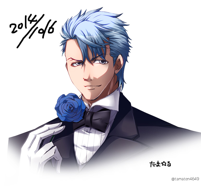 1boy, blue_flower, blue_hair, blue_rose, bow, bowtie, dated, flower