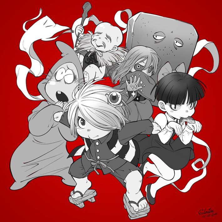 2016, 2girls, 6+boys, bald, barefoot, bow, bowl_cut, brown_hair, buck_teeth, chanchanko_(clothes), collared_shirt, creature, creature_on_head, dated, dress, eclosion, facial_hair, facing_viewer, fish, full_body, gegege_no_kitarou, greyscale, hair_bow, hair_over_one_eye, hood, hood_up, ittan_momen_(gegege_no_kitarou), japanese_clothes, kimono, kitarou, konaki_jijii, limited_palette, long_sleeves, looking_at_viewer, medama_oyaji, mizuki_shigeru_(style), monochrome, mouth_hold, multiple_boys, multiple_girls, mustache, nekomusume, nezumi_otoko, no_socks, nurikabe_(character), paw_pose, red_background, shirt, short_dress, short_hair, shorts, simple_background, sleeves_past_fingers, sleeves_past_wrists, slit_pupils, sparkle, staff, striped_clothes, striped_vest, sunakake_babaa, tagme, teeth, traditional_youkai, vest, whiskers