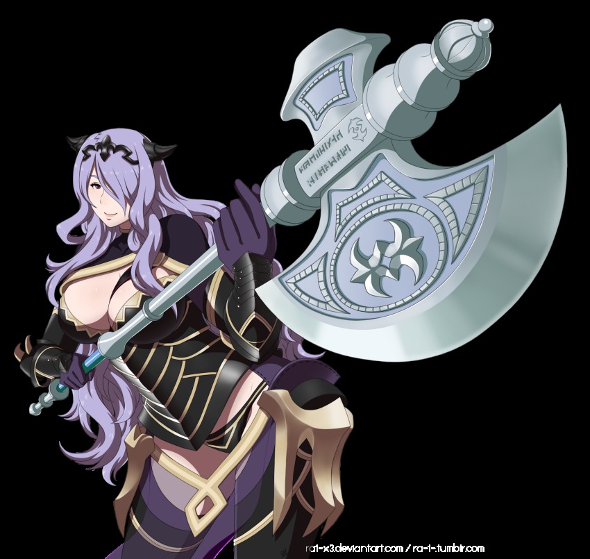 1girl, armor, axe, breasts, camilla_(fire_emblem), cleavage, female_focus, fire_emblem, fire_emblem_fates, hair_over_one_eye, highres, looking_at_viewer, nintendo, perspective, purple_hair, r-a-1, smile, solo, tiara, weapon
