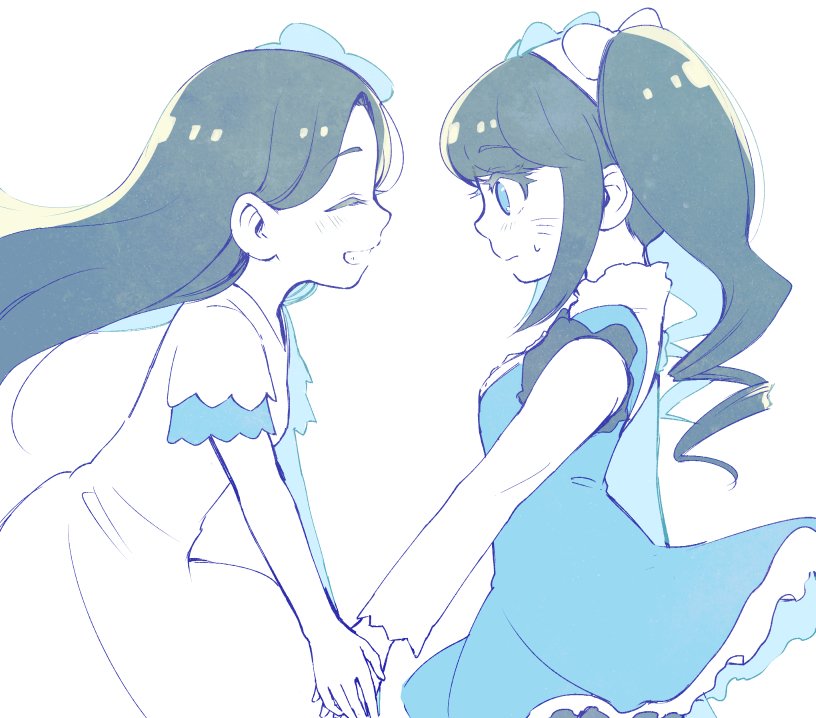 10s, 2girls, bad_id, bad_twitter_id, blush, chibimi, chibita, dress, facial_mark, flower, flower_fairy_(osomatsu-kun), flower_girl_(osomatsu-kun), genderswap, genderswap_(mtf), hair_flower, hair_ornament, itoda_(110da), long_hair, looking_at_another, monochrome, multiple_girls, osomatsu-kun, osomatsu-san, osomatsu_(series), short_sleeves, simple_background, smile, sweatdrop, twintails, whisker_markings, white_background, yuri