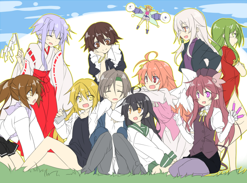 6+girls, :d, :o, =_=, ^_^, ahoge, alternate_costume, alternate_hair_color