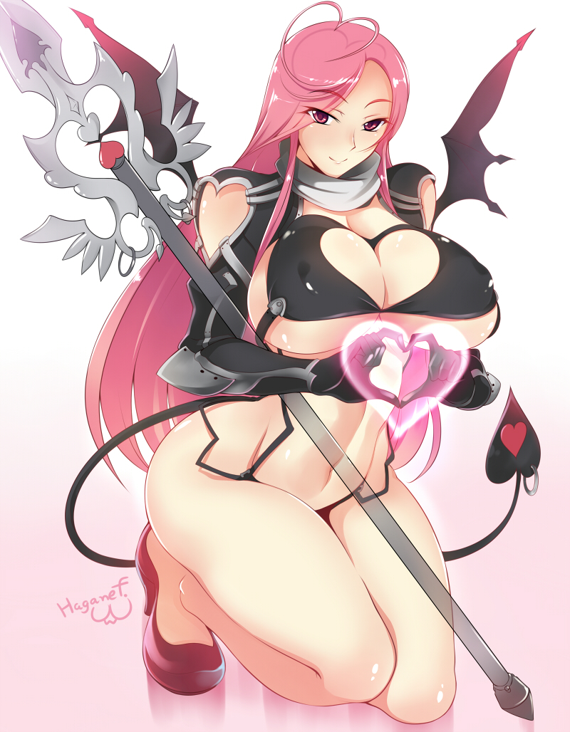 1girl, four-finger_heart_hands, ahoge, belt, black_gloves, black_panties, black_shoes, black_wings, breasts, cleavage, cleavage_cutout, closed_mouth, clothing_cutout, curvy, demon_girl, demon_tail, demon_wings, eyebrows, female_focus, full_body, gloves, gradient_background, haganef, heart, heart_ahoge, heart_cutout, heart_hands, high_heels, huge_breasts, jewelry, kneeling, long_hair, looking_at_viewer, navel, original, panties, parted_bangs, pink_background, pink_eyes, pink_hair, polearm, ring, shoes, signature, smile, solo, stomach, tail, tail_ornament, tail_ring, transparent, transparent_weapon, turtleneck, underboob, underwear, valentine, vambraces, weapon, white_background, wide_hips, wings