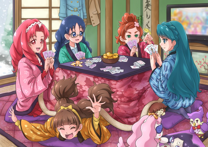 5girls, :d, akagi_towa, amanogawa_kirara, aroma_(precure), bird, black_hair, blue_eyes