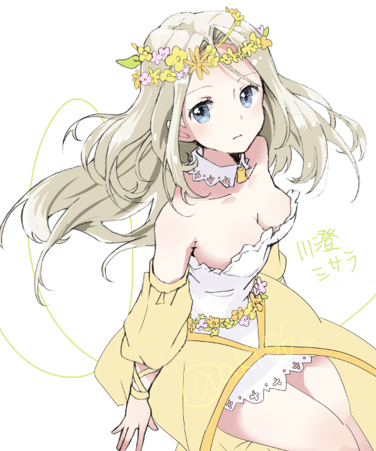 1girl, akiho_(quinrose), blonde_hair, blue_eyes, breasts, cleavage, detached_collar, detached_sleeves